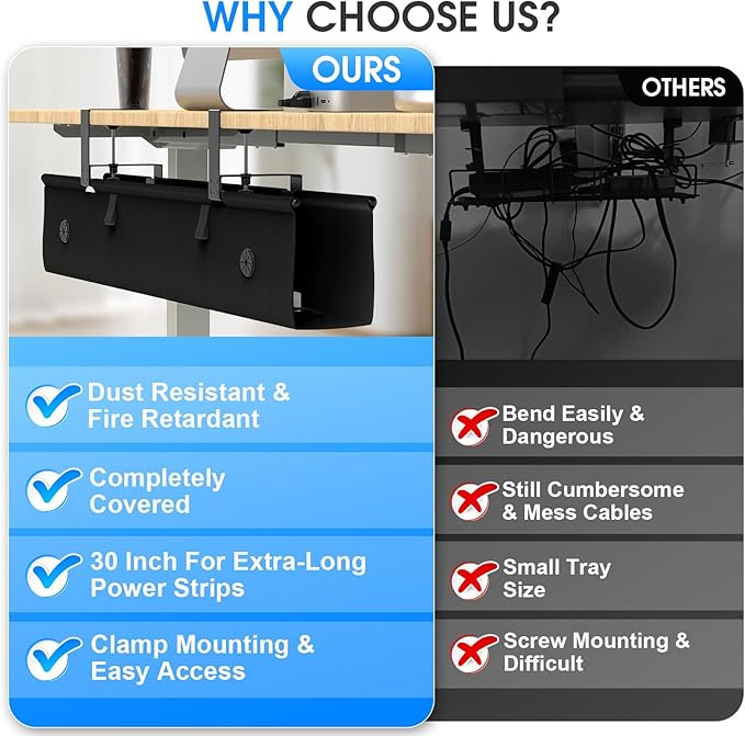 KIGJU Under Desk Cable Management Tray, 30-inch No-Drill Cord Organizer with Anti-Sag Reinforced Base, Fabric Wire Management Hider for Standing Desk, Office & Gaming Accessories - Black
