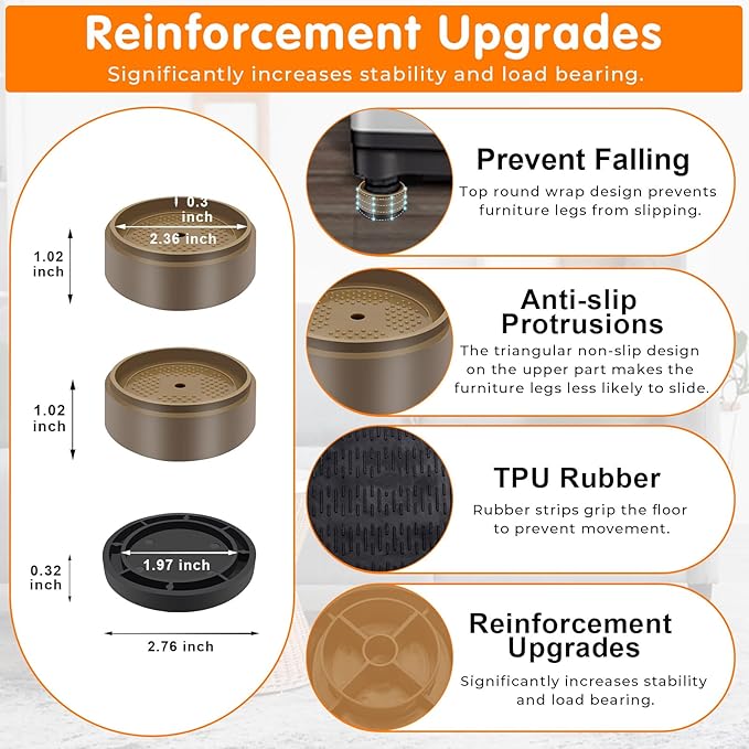 Furniture Risers Bed Risers Heavy Duty 1 inch, 2 inch, 3 inch, 4 inch Round Adjustable Bed Lifts Riser for Desk Legs Table Couch Sofa Chair Refrigerator Washing Machine (1 Inch, Brown, 12 Pack )