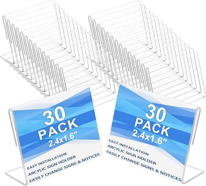 Ludery Small Acrylic Sign Holder 2.4 x 1.6 Inch,Mini Food Sign Labels for Party Buffet,L-Shape Name Card Display Holder, Mini Clear Acrylic Sign Display Holder for Office, Store, Restaurant - 30 Pack