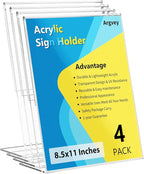 Argvey 4 Pack Acrylic Sign Holder 8.5x11, Clear Plastic Slanted Back Sign Holders, Desktop Papers Menus Frame Flyer Document Holder Display Stand for Coffee Shops, Hotels, Offices, Public Spaces