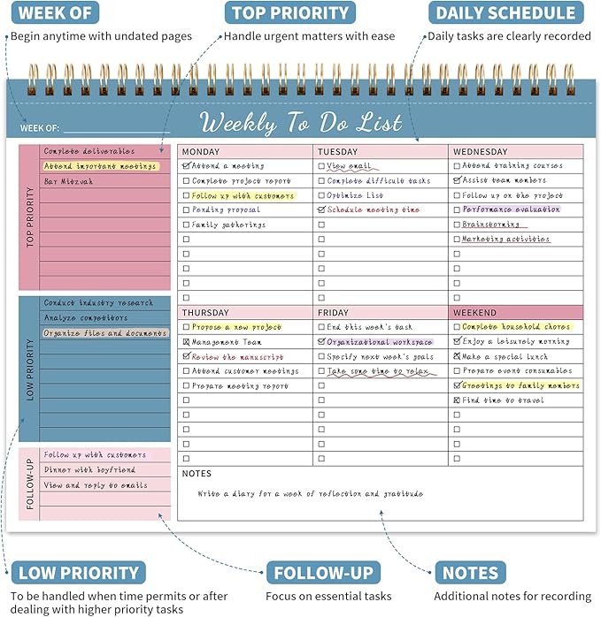 104 Pgs Weekly To Do List Notepad, 52 Duplex-Printed Undated Sheets 100 GSM（8.5"×11") Weekly Desk Planner For Work Home School Office Desk Accessories Supplies & Goal Setting Tasks - Blue
