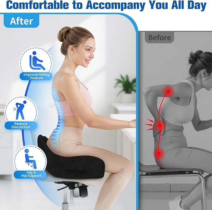 DailyCuddles Seat Cushion, Chair Cushions for Office Chairs/Desk Seats/Wheelchair - Hip&Sciatica&Tailbone Pain Relief Memory Foam Office Chair Cushion for Long Sitting Office Workers, Black