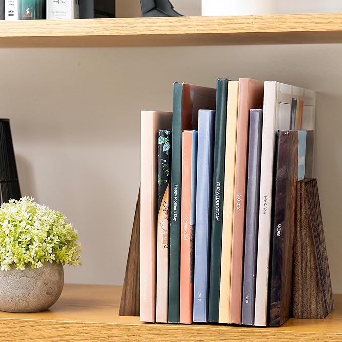 Luxdecor Walnut Book Ends Hold Heavy Books-6x5x4in Wood Bookends for Office Desk Non Skid, Decorative Walnut Bookend 2pack, Triangle Style