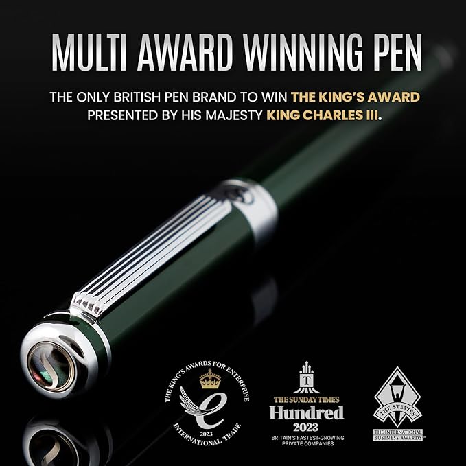 Scriveiner British Racing Green Fountain Pen - Stunning Luxury Pen with Chrome Finish, Schmidt Nib (Fine), Best Pen Gift Set for Men & Women, Professional, Executive, Office, Nice Pens