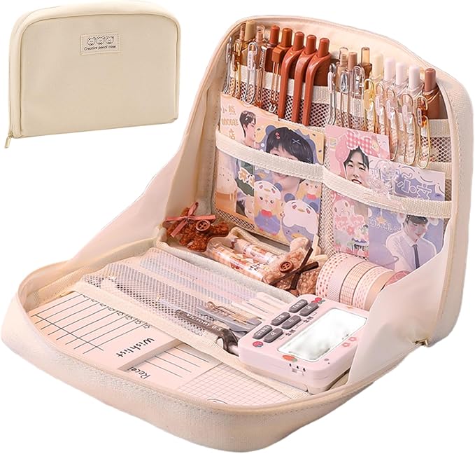 Fcteap Pencil Case Pouch Box Cute Kawaii Large Capacity Aesthetic Zipper Pen Holder Organizer Bag for Office Workspace Supplies Desk Accessories Travel (Light Grey)