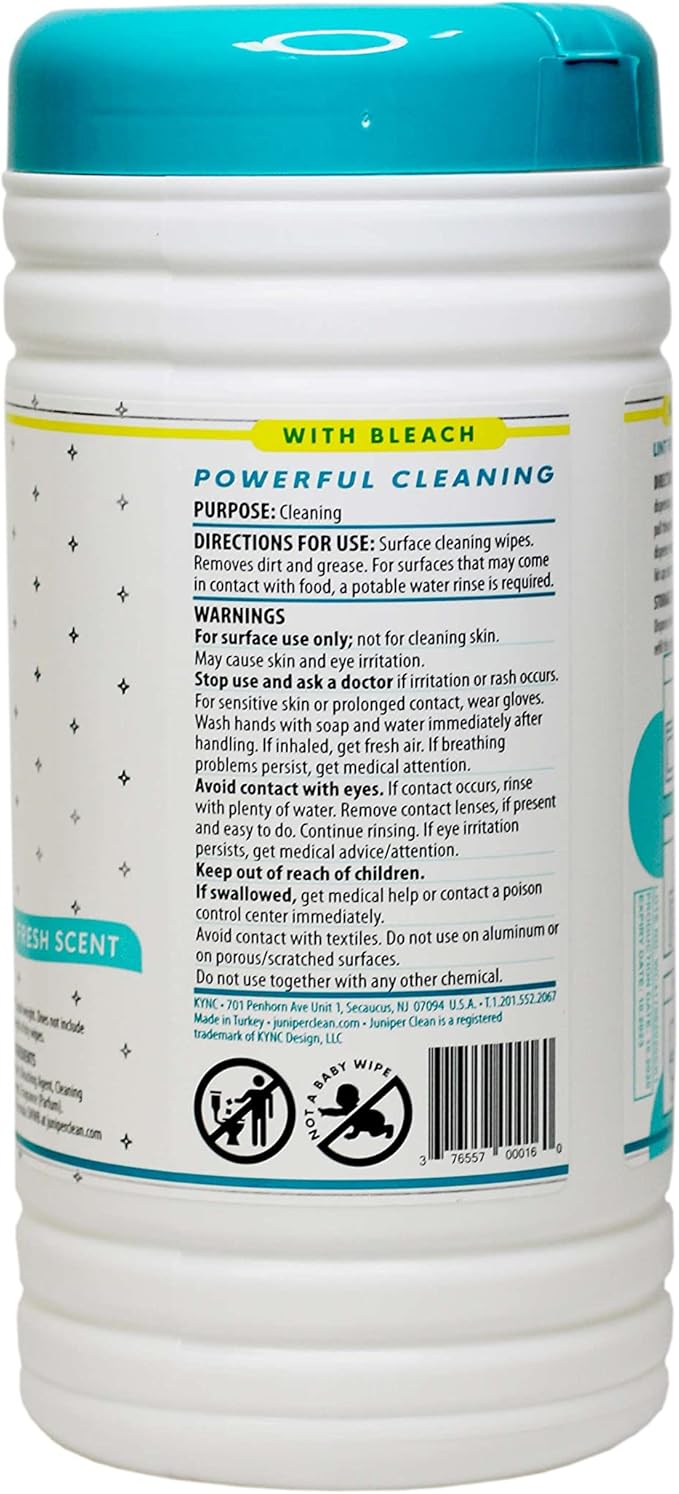 Juniper CLEAN 1 Pack Surface Cleaning Wipes with Bleach, All-Purpose Cleaner for Bathroom, Kitchen, Office, 75 Count Canister, 7.5" x 7" Sheet, Fresh Scent, Lint Free & Durable