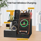 TopMade Wireless Charger Nightstand Organizer, Multi-Functional Pen/Pencil/Remote Holder for Desk, Leather Desktop Organizers, Home Office Supplies Fast Phone Charging Stand, Black Carbon Fiber