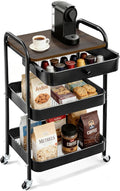 CAMOAT 3-Tier Rolling Storage Cart with Wooden Top and Drawer, Metal Mesh Mobile Utility Cart with Handle and Lockable Wheels, Multipurpose Organizer Trolley for Kitchen, Living Room, Bathroom,Office