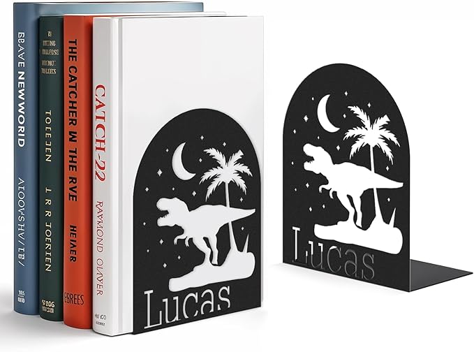 Personalized Name Book Ends Metal, Heavy Duty Bookends for Shelves Decorative, Dinosaur Non-Slip Book Stopper, Home Office Desk Modern Bookshelf Decor, Customized Gifts Color07