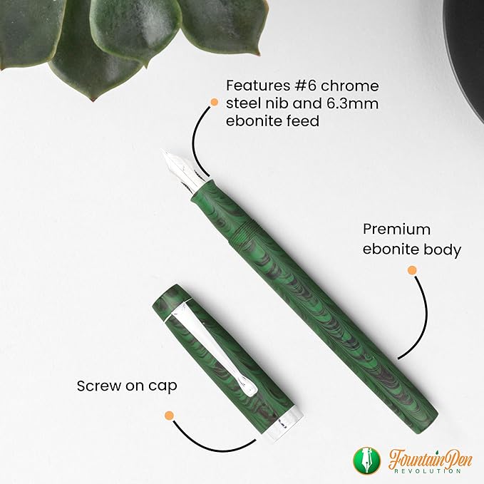 FPR Himalaya V2-Chrome Ultra Flex Nib Pen - Twist-Style Converter Filled Calligraphy Pens for Writing - Fancy Pens for Men & Women - Flex Fountain Pen w/Metal Clip & Cap Ring (Green Ebonite)