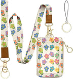 bolimoss 2-in-1 ID Badge Holder & Lanyard Wallet, Cute Floral Lanyard with Wallet, ID Badge Holder with Neck & Wristlet Lanyard, Pu Leather Zip Id Case Wallet with Breakaway Lanyard, Keychain Wallet