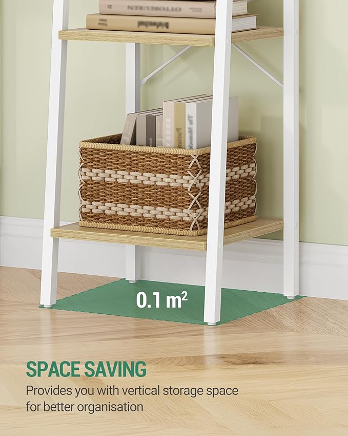 Hzuaneri Ladder Shelf, Bookshelf Bookcase, Freestanding Corner Storage Shelve with 2 Hooks for Home Office, Living Room, Kitchen, Bedroom, Industrial, 11.8" D x 13.4" W x 72.8" H, White Oak and White