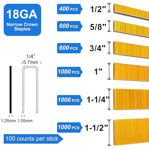 SimCos 18 Gauge 1/4" Narrow Crown Staples, Galvanized Upholstery Staples for 18 GA Pneumatic or Electric Stapler or Staple Gun (1/2"+5/8"+3/4"+1"+1 1/4"+1 1/2"-4600pcs)
