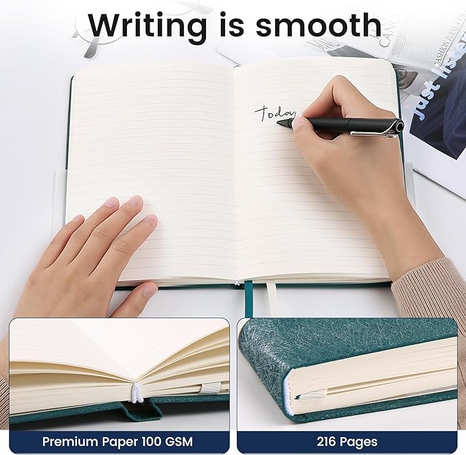 TSFPapier Lined Journal Notebook for Women Men 216 Pages A5 Hardcover Journals for Writing Daily Journaling Notebook for Work, School, Note Taking, Business, Travel Dark Green
