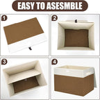 Large 17" 42 Quarts Collapsible Stackable Storage Bins with Lids [3-Pack] Foldable Fabric Linen Storage Boxes Cube, Closet Organizer Baskets with Label for Home (16.7 x 12 x 12", Brown & White)