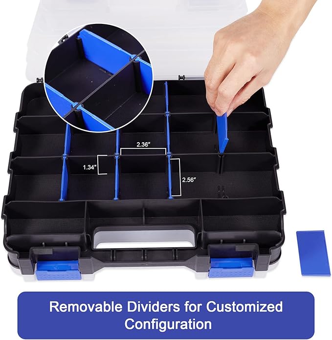 AIDY-PRO Small Parts Organizer Box Storage Case Tools Box Organizer Double Side 34 Compartments Hardware Organizers with Removable Plastic Dividers for Screws Nuts Nails Bolts, 2 Pack