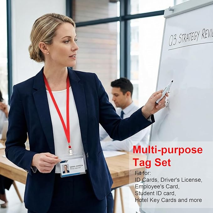 Marspark 200 Sets Clear Name Tags with Lanyard, Lanyards for ID Badges Reusable Strap with ID Holder Plastic Name Badges for Adults Business School Church Conference (Red)