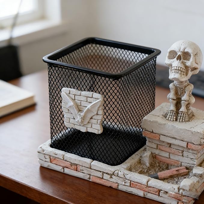 Daisylily Skull Pencil Holder, Skeleton Pen Cup, Mesh Pen Holder for Desk Office Pen Organizer, Pencil Cup Storage Containers