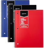 Amazon Basics College Ruled Spiral Notebook, 70 Sheets, 8" x 10.5", Assorted Primary Solid Colors, 3 pack