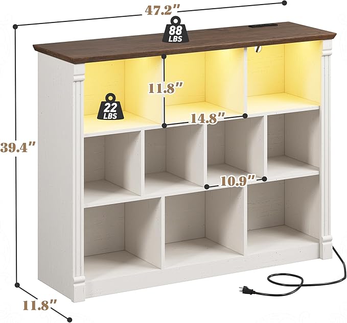 EnHomee 10 Cube Storage Organizer with LED Light and Charging Station Wood Cube Shelf White Bookshelf for Bedroom Living Room,Office,White