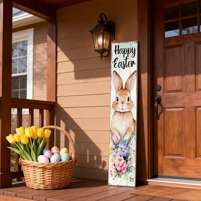Happy Easter Bunny Welcome Sign for Front Door, 47 Inch Wood Framed Porch Sign Spring Easter Rabbit Flower Decorations with Hanging Rope, Farmhouse Rabbit Yard Signs Home Decor for Outdoor Patio
