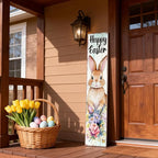 Happy Easter Bunny Welcome Sign for Front Door, 47 Inch Wood Framed Porch Sign Spring Easter Rabbit Flower Decorations with Hanging Rope, Farmhouse Rabbit Yard Signs Home Decor for Outdoor Patio