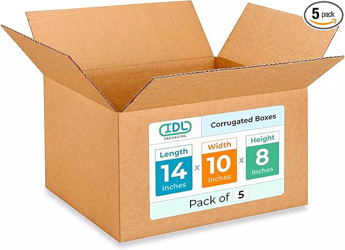 Medium Moving & Shipping Boxes 14 x 10 x 8 inches (5-Pack) - Extra Strength 200 lb vs Regular - Corrugated Packaging Box, Made in USA - Box for Shipping - Cardboard Box by IDL Packaging