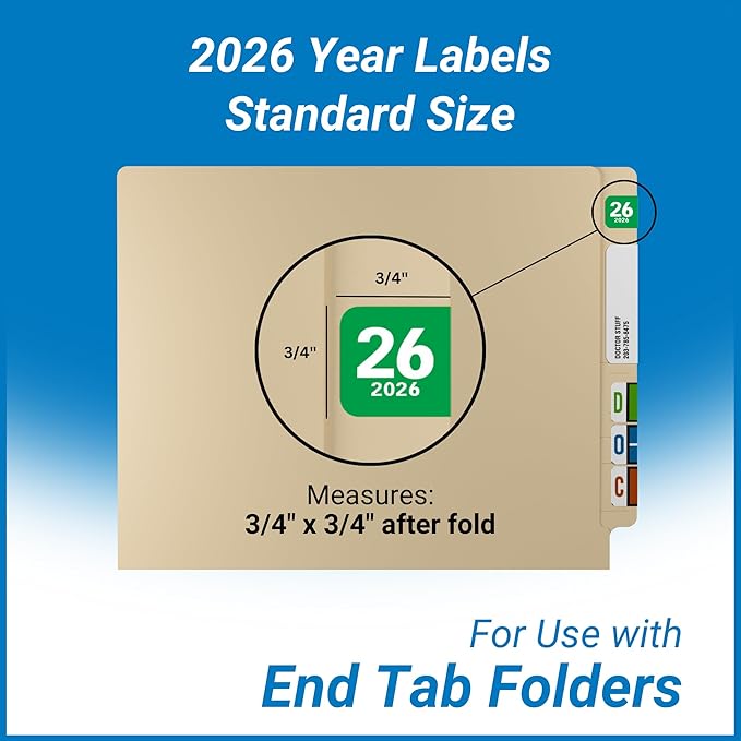 2026 Year Labels, Doctor Stuff 2026 Chart Stickers, Green Color Coded, Col'R'Tab/Tabbies Style, USA Made Year Stickers for End Tab File Folders, 500/Roll, 1 Roll, 3/4" x 1-1/2"