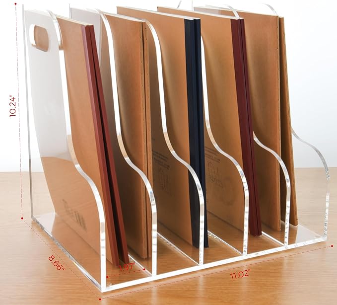AIMOLLY 5 Vertical Compartments File Holder, Clear Acrylic Desk Organizer and Storage Bins Holding for Magazines, Binders, Notebooks, Envelopes, Multi-purpose Document Organizer for Home Office