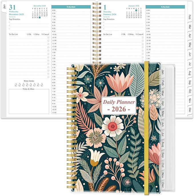 2026 Daily & Monthly Planner - One Page Per Day, Daily Planner from January 2026 - December 2026, Planner 2026 with 12 Monthly Tabs, 8.5" x 11", Flower-B