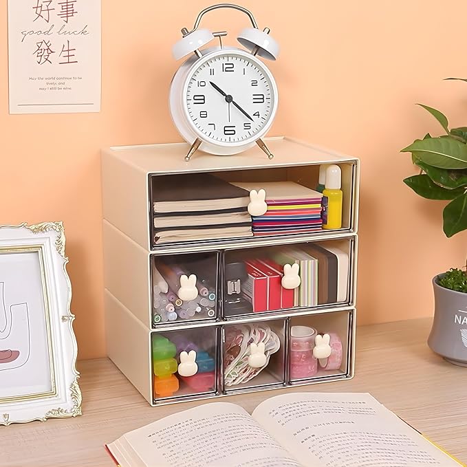 OSteed Desktop Drawers, Desk Organizer with 1 Large Drawer & Bunny Handles, Stackable Plastic Storage Box for Home Collection, Cosmetics, Office Supplies (1 Tall Layer, Cream & Clear)