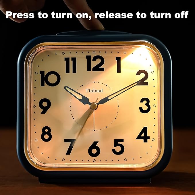 Tinload 5.5" Large Analog Alarm Clock • Silent Non Ticking • Gentle Wake • Beep Sounds • Increasing Volume • Battery Operated Snooze and Manual Light • Retro Blue