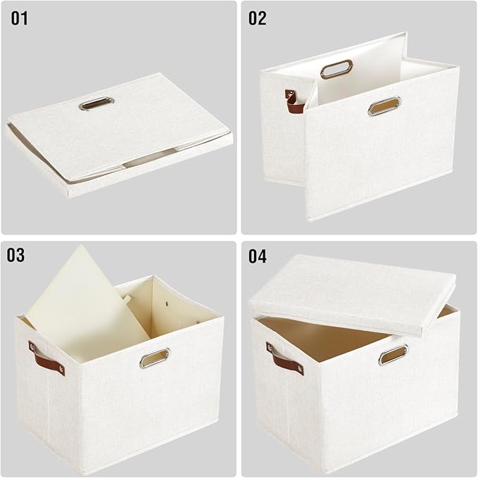 Roobyl 17" Large Collapsible Storage Bins with Lids, Stackable Closet Organizers with PU Handle and Labels, 3-Pack Decorative Fabric Storage Boxes for Home, Bedroom, Closet, Office, Nursery(White)