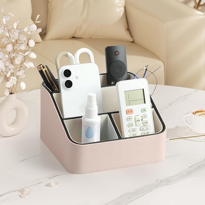 MEIBOOCH Remote Control Holder, PU Leather Small Desk Organizer with 4 Compartments, Nightstand Organizer Desk Caddy for Remote, Notepad, Phone, Glasses, and Accessories (Pink)
