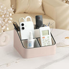 MEIBOOCH Remote Control Holder, PU Leather Small Desk Organizer with 4 Compartments, Nightstand Organizer Desk Caddy for Remote, Notepad, Phone, Glasses, and Accessories (Pink)