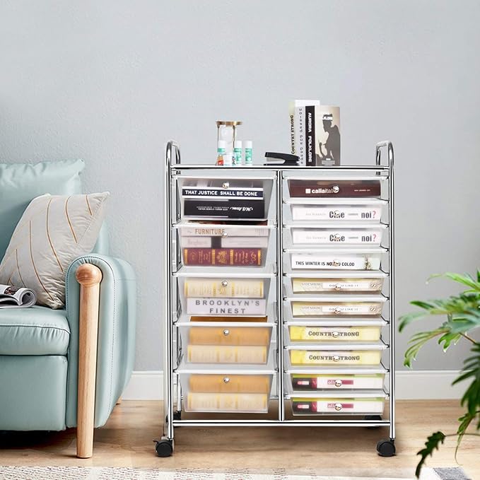 HAPPYGRILL 15-Drawer Rolling Cart, Storage Carts with Removable Drawers & Steel Frame, Utility Cart on Lockable Wheels for Home, School, Office,Clear