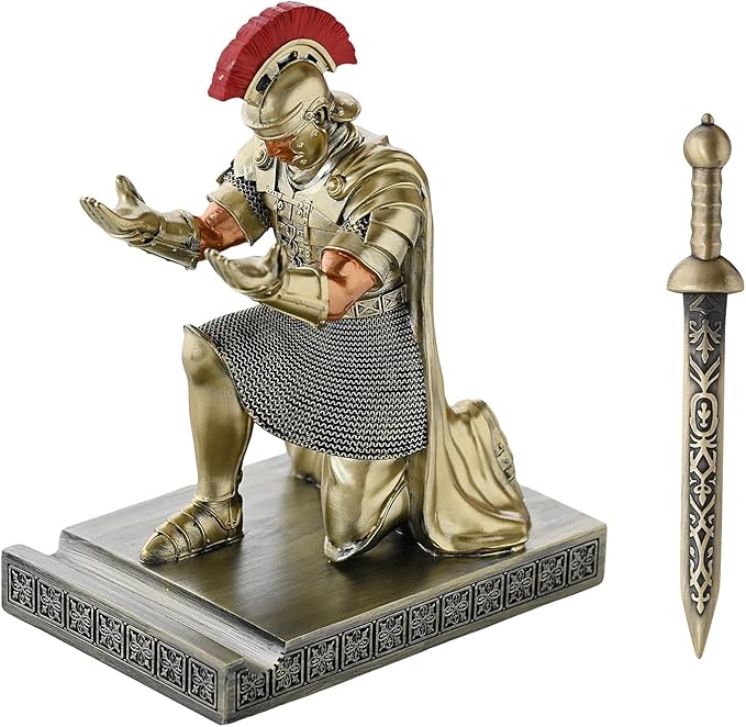 CYXStar Roman Praetorian Prefect Warrior Knight Pen Holder Desk Ornament Resin Praetorian Guard Mobile Phone Stand Desk Accessories and Organizer for Office with a Letter Opener (Bronze)