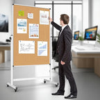 Double-Sided Corkboard Whiteboard, 32 x 48 Inches Dry Erase Board on Wheels, Height Adjustable, Portable Freestanding Board for Office, Planning, and Presentations (Cork & White)
