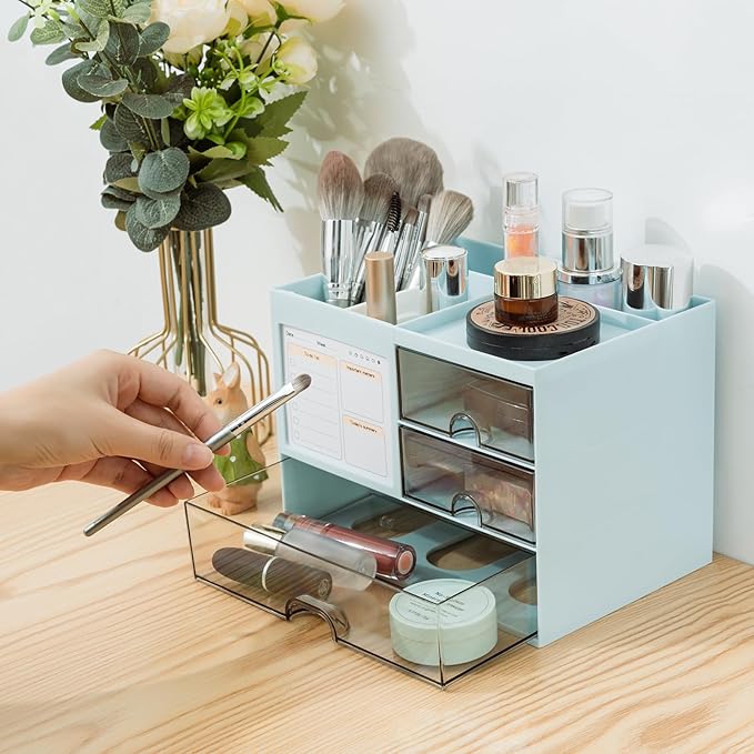 QIYVLOS Desk Organizer with 3 Drawer, Multi-Functional Pencil Pen Holder for Desk, Desk Organizers and Storage with 8 Compartments, Desktop Organizer for Office Home Art Supplies (Blue)