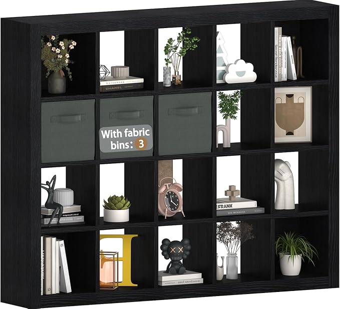 Sturdy Wooden Bookshelf - 20-Cube Storage Organizer with Bins & Multifunctional Cubicle Rack for Living Room, Bedroom or Office - Black