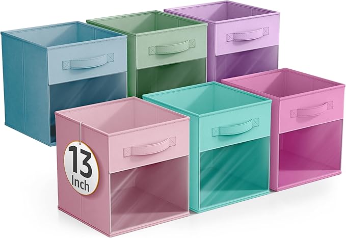 Sorbus 13 Inch Storage Bins with Clear Window - 6 Foldable Baskets for Organizing Clothes, Toys, Books - Sturdy Collapsible Fabric Storage Cubes with Handle - Storage Baskets for Shelves, Closets