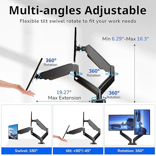 Monitor Arm, Computer Dual Monitor Arm Fits 13-32 Inch Computer Screens, Adjustable Height Swivel Monitor Stand with VESA Mounts, Holds 4.4-17.6lbs, Black