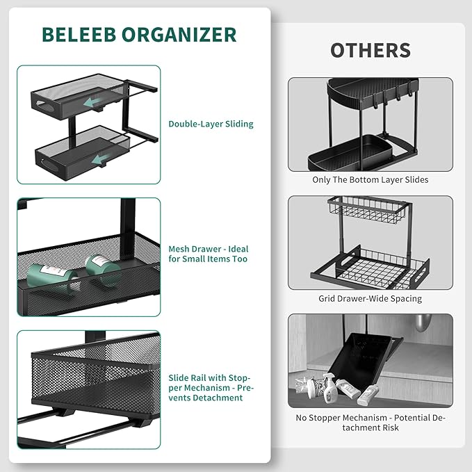 Beleeb Under Sink Organizer, 1-Pack of 2-Tier Metal Slide Out Pull Out Cabinet Organizer Shelf, Height Adjustable Organization and Storage Series, Bathroom/Desktop/Cabinet/Kitchen organization, Black