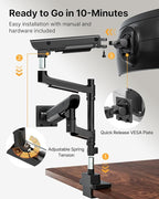 monTEK Sleek Aluminum Monitor Arm for 17–57” Ultrawide Screens up to 59.4 lbs, USB 3.0 A/C, Heavy Duty Dual Monitor Arm Desk Mount, Pneumatic Lift, Quick-Release Plate, Clamp/Grommet, Max VESA 100x100