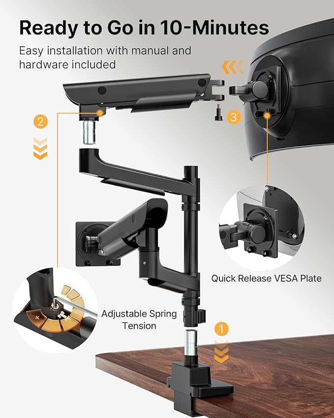 monTEK Sleek Aluminum Monitor Arm for 17–57” Ultrawide Screens up to 59.4 lbs, USB 3.0 A/C, Heavy Duty Dual Monitor Arm Desk Mount, Pneumatic Lift, Quick-Release Plate, Clamp/Grommet, Max VESA 100x100