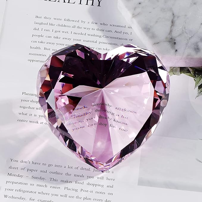 Pink Crystal Diamonds Paper Weights with Gift Box, 80mm Hot Pink Heart Shape Real Crystal Diamond Glass Gems Paperweight, Big Diamonds Birthday Anniversary for Women Her Valentine's Day Gifts