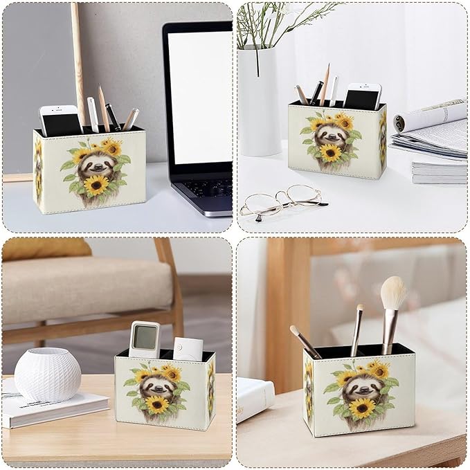 Famame Sloth Sunflower Pencil Holder for Desk, Leather Desktop Container Pen Cup Storage Study Table Pen Organizer Makeup Brush Holder for Classroom Office Home