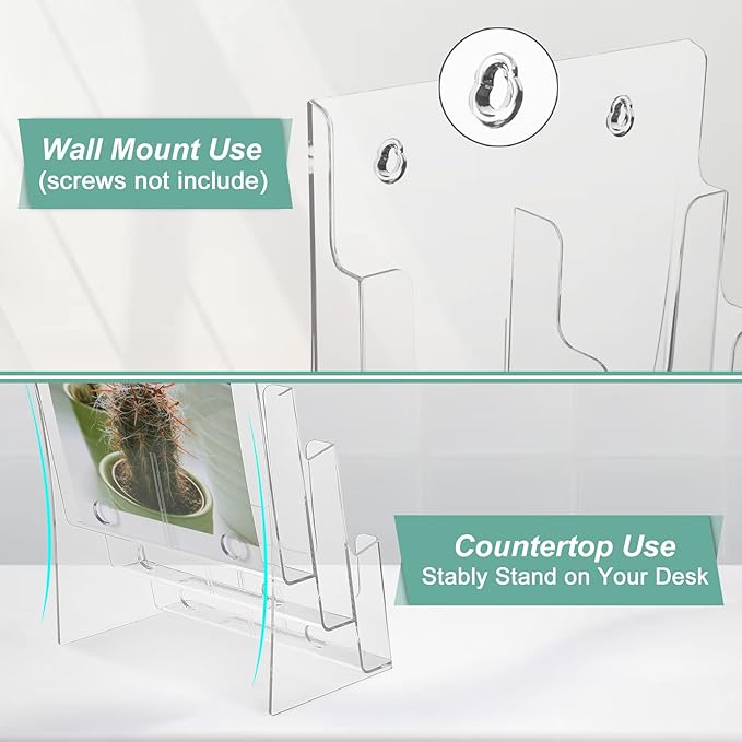 Argvey Acrylic Brochure Holder 8.5 x 11 inches, 3 Tier Clear Literature Holder with Removable Divider for Trifold 4 Inches Wide Pamphlet, Plastic Flyer Display Stand for Magazine, Document, Booklet