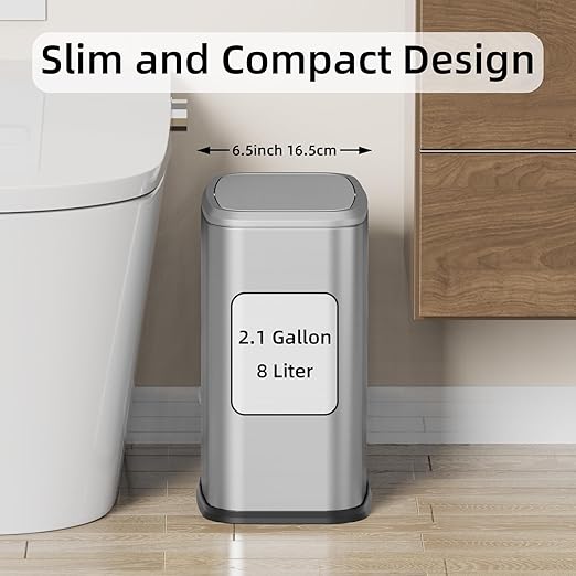 KHMMGK 8L/2.1 Gal Small Bathroom Trash Can with Lid, Swing-Top Rectangular Waste Bin, Stainless Steel Garbage Can for Home, Office, Toilet, Bedroom, Living Room (Silver)