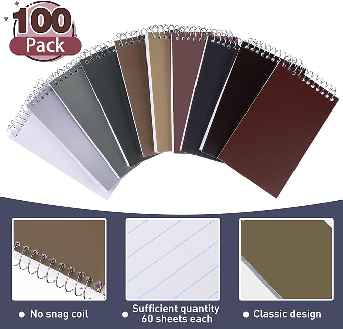Thenshop 100 Pads Spiral Memo Pads Bulk 3 x 5 Inch Small Pocket Notepad Top Bound Lined 60 Sheets Mini Notebooks for School College Office Home Supplies (Multicolored)